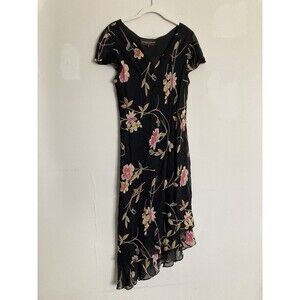 Vintage Donna Ricco Bias Cut Asymmetrical Dress 12 Flutter Sleeve Black Floral